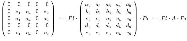 $\displaystyle{
\left(
\begin{array}{rrrrr}
0 & 0 & 0 & 0 & 0 \\
0 & e_1...
..._2 & e_3 & e_4 & e_5
\end{array}
\right) \cdot Pr ~=~ Pl \cdot A \cdot Pr
}$