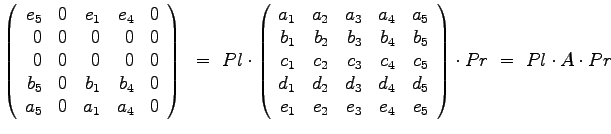 $\displaystyle{
\left(
\begin{array}{rrrrr}
e_5 & 0 & e_1 & e_4 & 0 \\
0...
..._2 & e_3 & e_4 & e_5
\end{array}
\right) \cdot Pr ~=~ Pl \cdot A \cdot Pr
}$