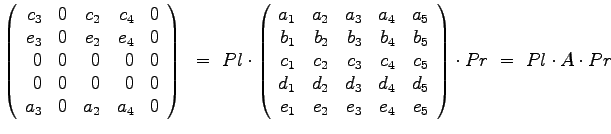 $\displaystyle{
\left(
\begin{array}{rrrrr}
c_3 & 0 & c_2 & c_4 & 0 \\
e...
..._2 & e_3 & e_4 & e_5
\end{array}
\right) \cdot Pr ~=~ Pl \cdot A \cdot Pr
}$