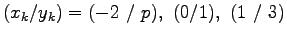 $(x_k/y_k) = ({-2}~/~p),~(0/1),~ (1~/~3)$