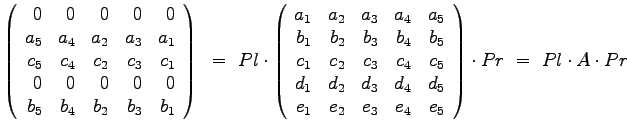 $
\left(
\begin{array}{rrrrr}
0 & 0 & 0 & 0 & 0 \\
a_5 & a_4 & a_2 & a_3...
...e_2 & e_3 & e_4 & e_5
\end{array}
\right) \cdot Pr ~=~ Pl \cdot A \cdot Pr
$