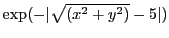 $ \exp(- \vert\sqrt{(x^2+y^2)}-5 \vert)$